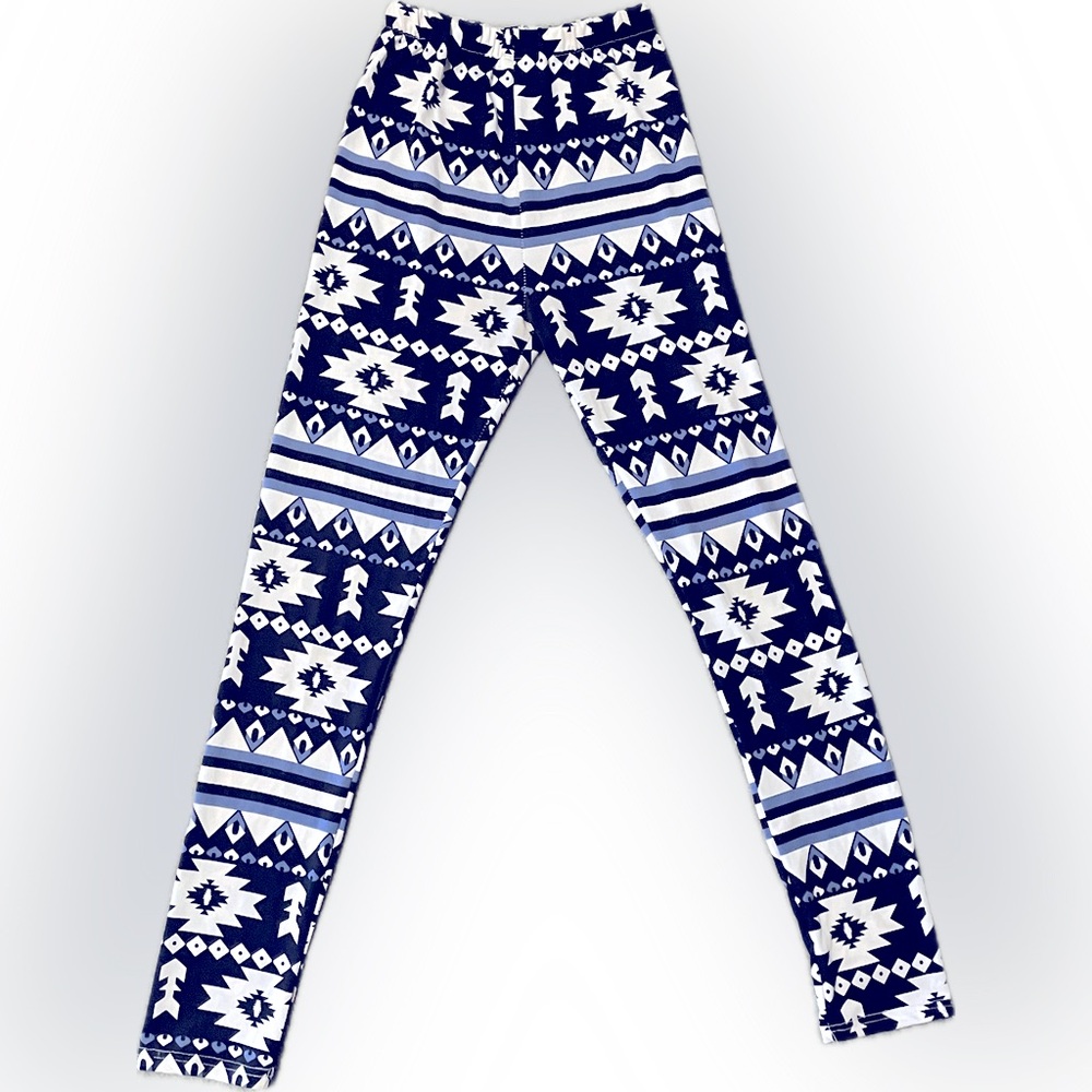 High rise leggings in black & white Aztec designs with hint of royal blue medium